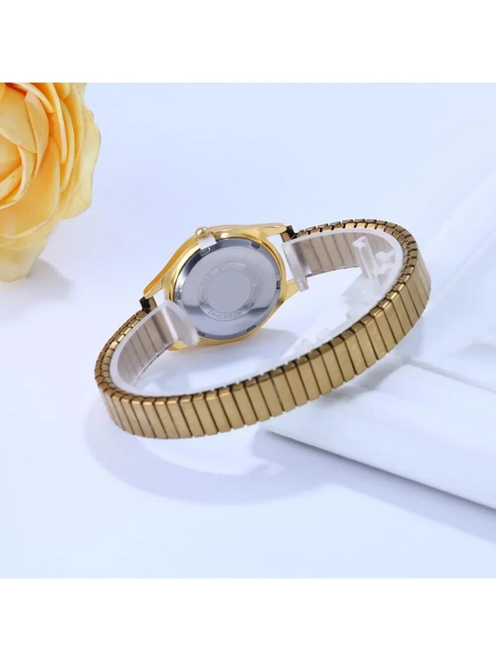 Women's Gold Analog Quartz Small Dial Easy Reader Stretch Band Round Wrist Watch